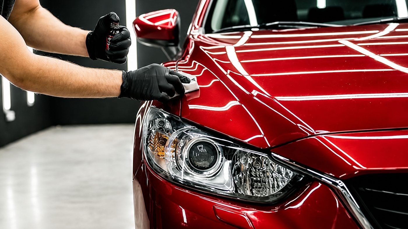 Technician hand-applying ceramic coating to the hood of a red sedan at Apex Custom Innovations