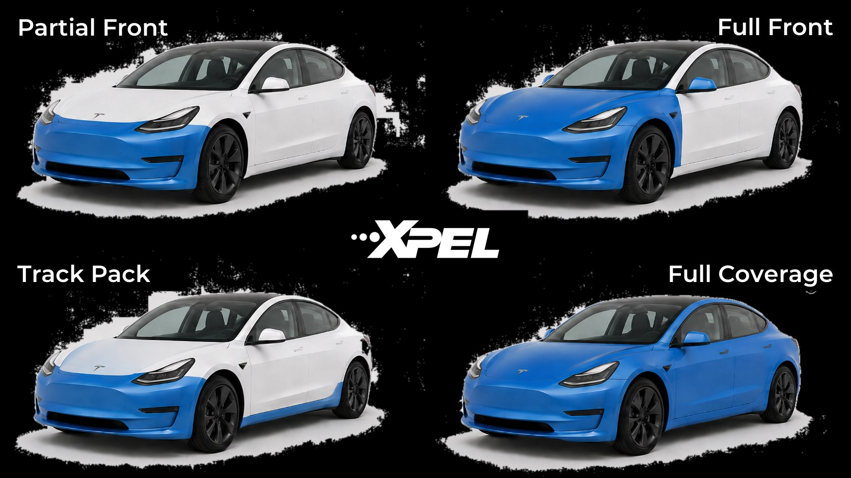 XPEL paint protection film coverage options on a Tesla Model 3: Partial Front, Full Front, Track Pack and Full Coverage