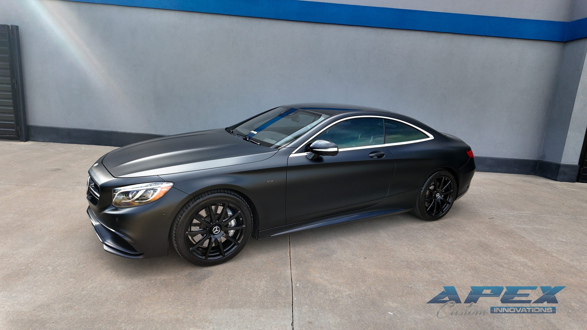 2017 Mercedes-AMG S63 finished in satin black vinyl wrap with black wheels customized by Apex Custom Innovations