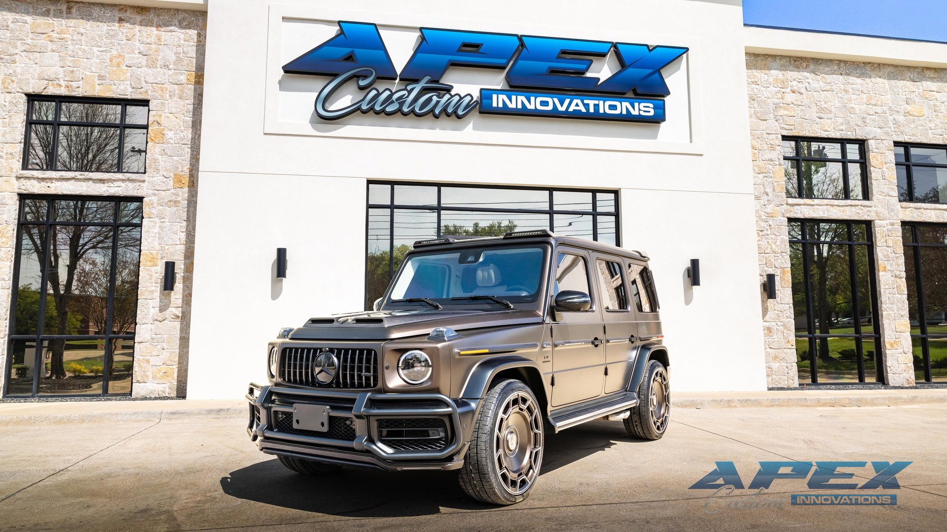 Mercedes-AMG G63 on bronze wheels outside the Apex Custom Innovations showroom in Carrollton, Texas