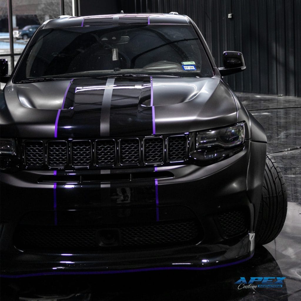 2018 Jeep Grand Cherokee Trackhawk with Vossen HFX-1 wheels, Nitto tires, matte black wrap, and Waido widebody kit built by Apex Custom Innovations in Dallas Texas