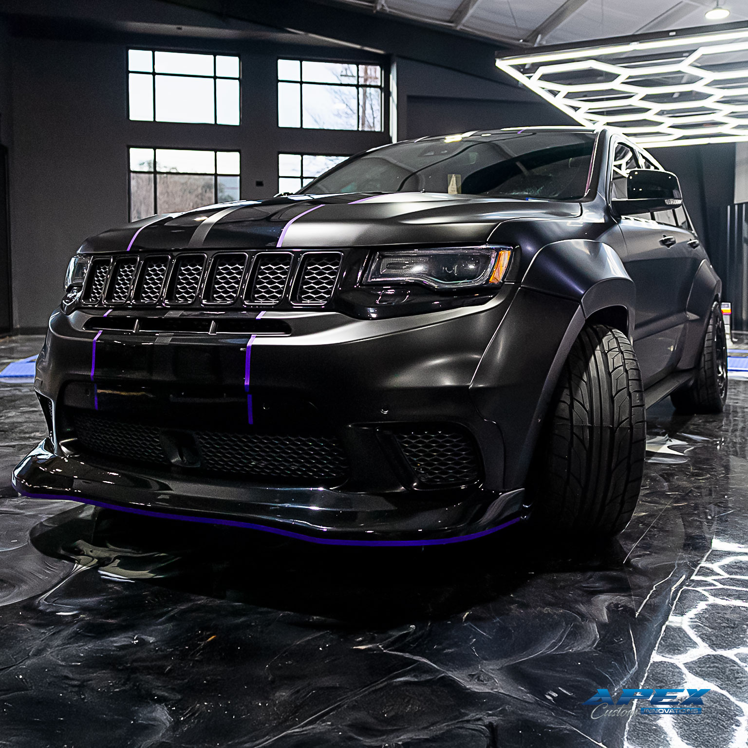 Jeep Grand Cherokee Trackhawk with Vossen HFX-1 wheels, Nitto tires, matte black wrap, and Waido widebody kit built by Apex Custom Innovations in Dallas Texas