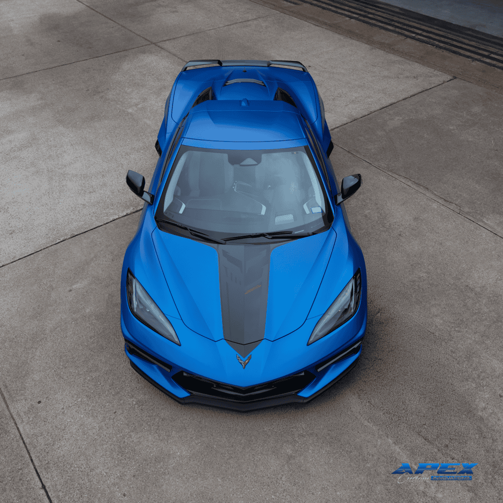 Aerial view of 2024 Chevrolet Corvette Stingray with paint protection film installed by Apex Custom Innovations