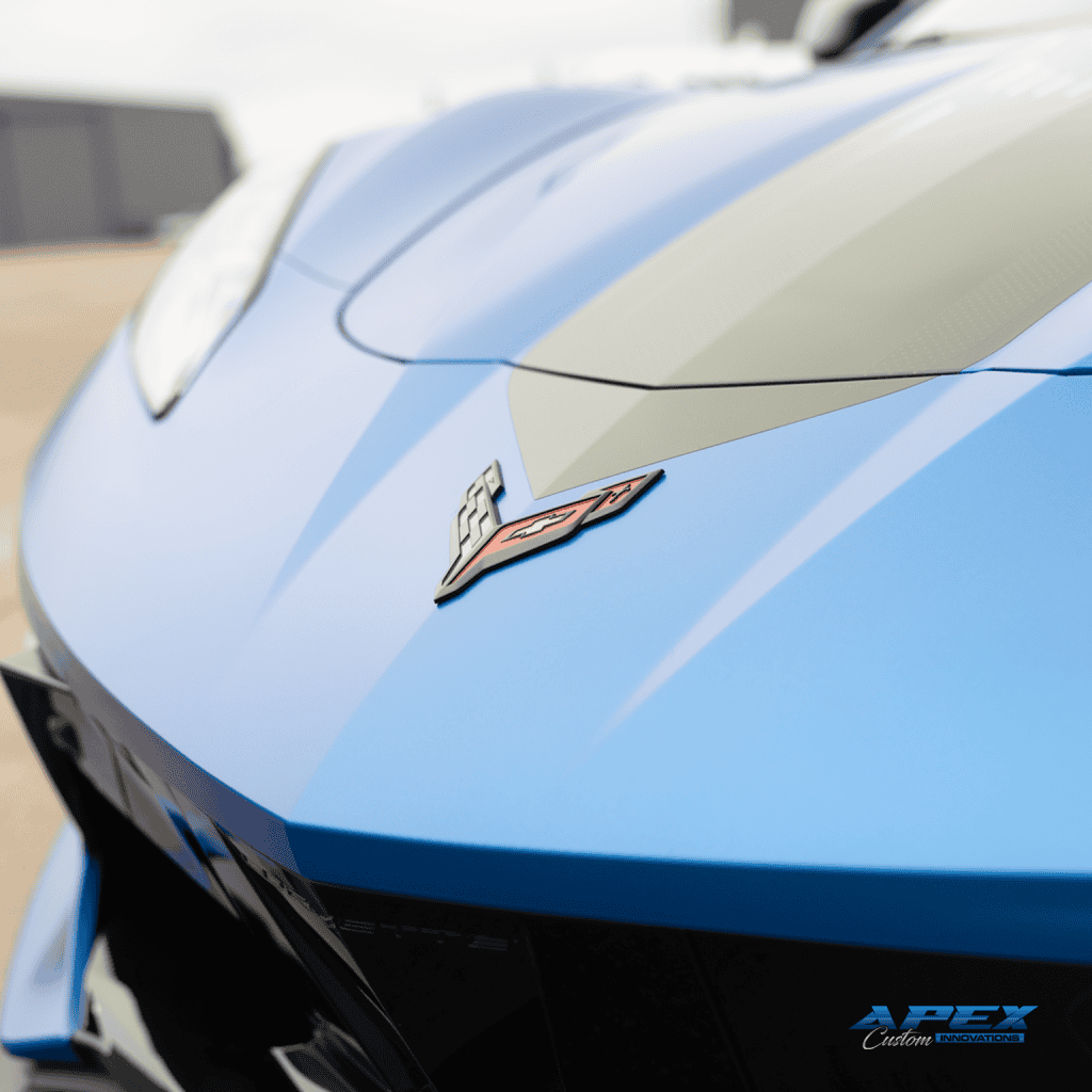 Close-up detail of paint protection film installation on 2024 Corvette Stingray by Apex Custom Innovations