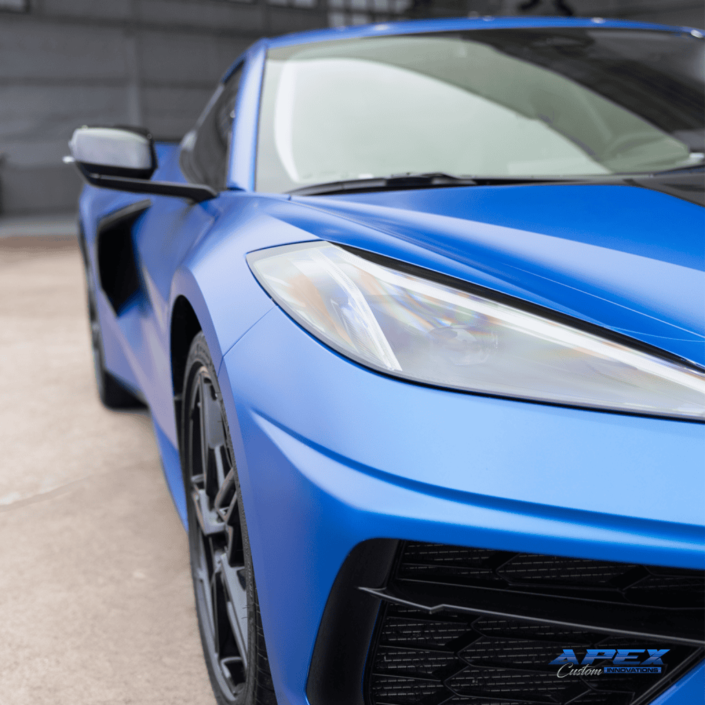 Front three-quarter view of 2024 Chevrolet Corvette Stingray with paint protection film installed by Apex Custom Innovations