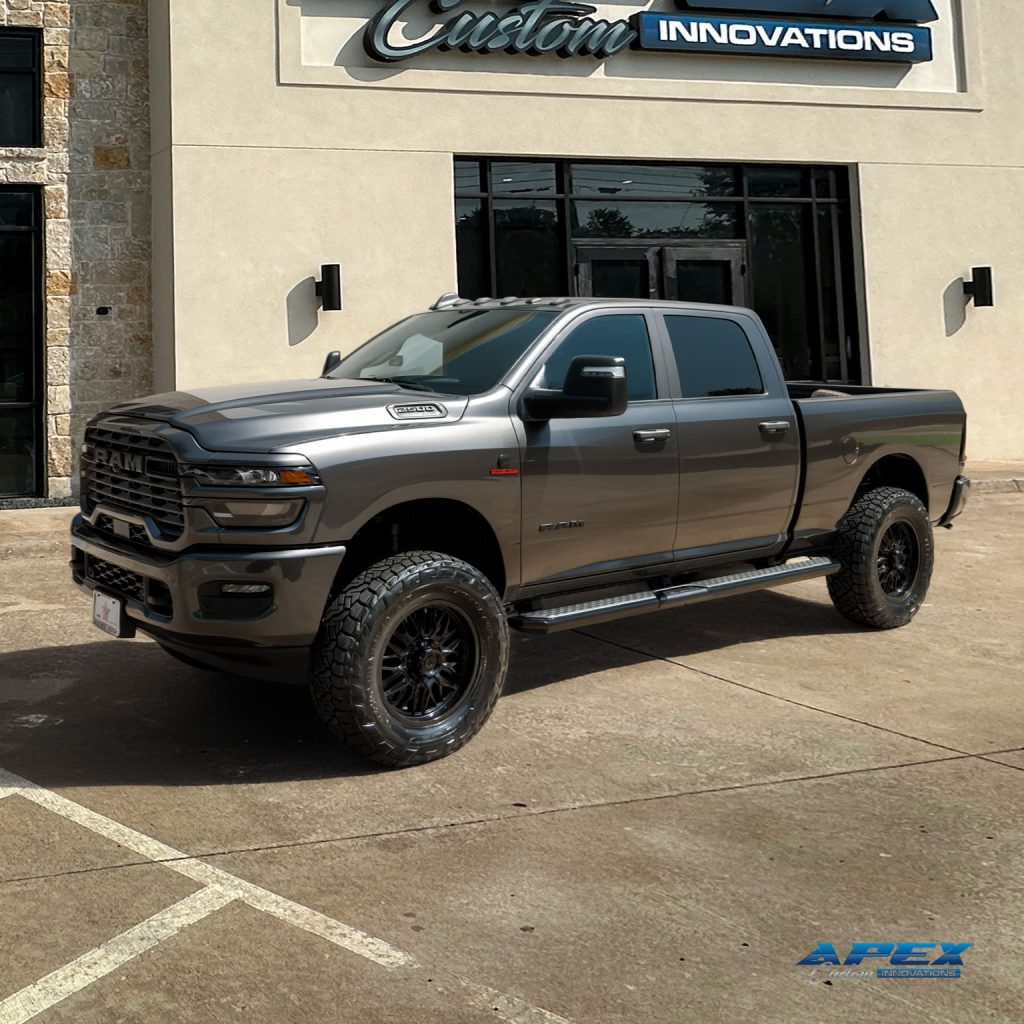 2025 Ram 2500 with ReadyLIFT 3-inch lift, Falcon shocks, Nitto Recon tires, and Fuel wheels built by Apex Custom Innovations in Dallas Texas