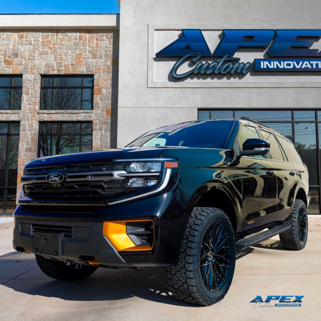 Front angle of a 2026 Ford Expedition Tremor with ReadyLIFT 3-inch lift, Vossen HFX-6 wheels, and Nitto Ridge Grappler tires built by Apex Custom Innovations in Dallas Texas